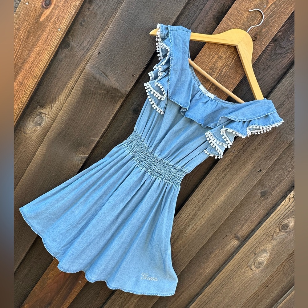 The Perfect Spring Dress with Boots 🤠Guess Girl's Blue Denim Ruffle Top Dress